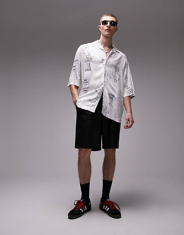 Topman - short sleeve relaxed fit greek print revere shirt in white