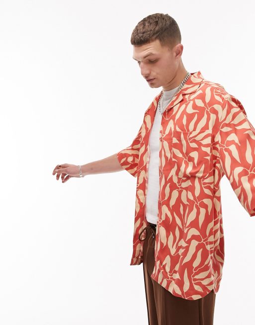 Topman short sleeve relaxed fit leaf printed revere shirt in multi