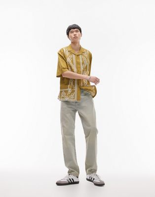 Topman short sleeve relaxed fit revere boarded embroidered shirt in yellow - ASOS Price Checker