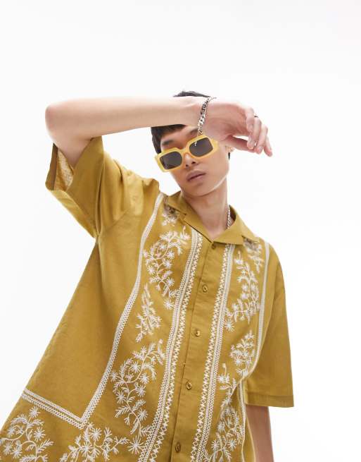 Topman short sleeve relaxed fit revere boarded embroidered shirt in yellow, 2 of 4