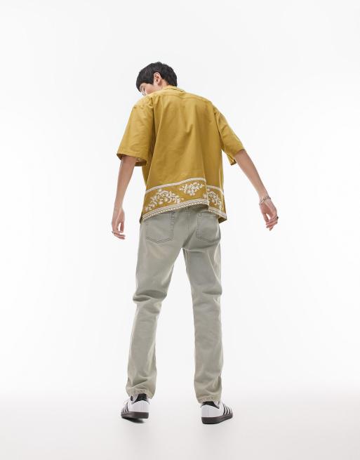 Topman short sleeve relaxed fit revere boarded embroidered shirt in yellow, 3 of 4