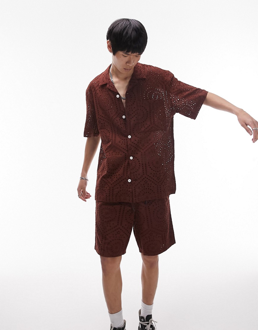topman short sleeve relaxed fit revere broderie shirt in brown