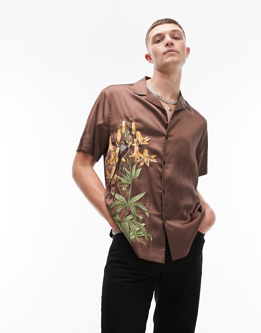 Topman short sleeve relaxed fit revere embroidered shirt in chocolate-Brown