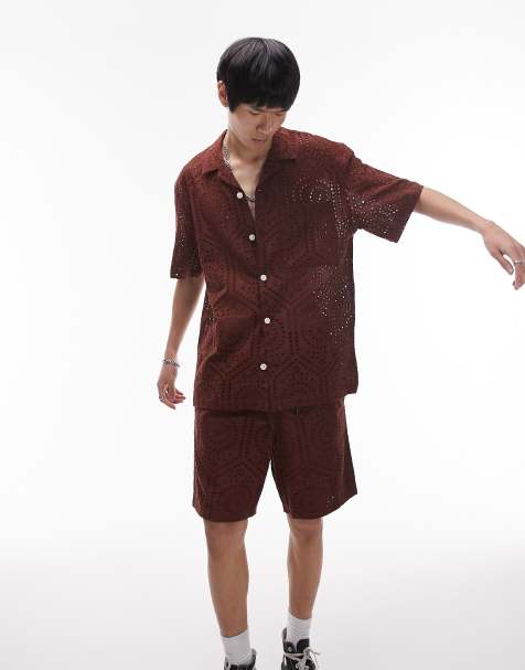 Topman short sleeve relaxed fit revere eyelet shirt in brown - view 1