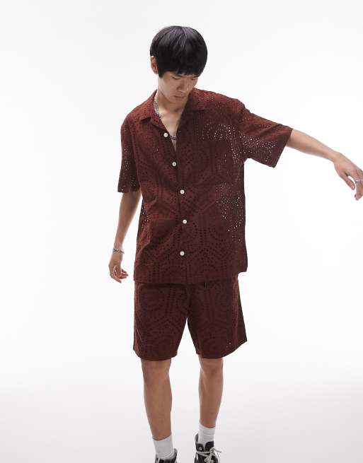 Topman short sleeve relaxed fit revere eyelet shirt in brown
