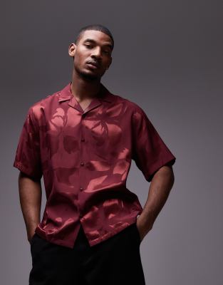 TUNEVUSE Men's Summer Floral Shirt - Short Sleeve Jacquard Button-Down, Satin Finish, Hawaiian Style, Burgundy