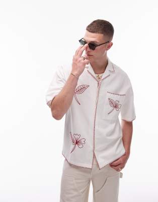 Topman Short Sleeve Relaxed Hand Drawn Embroidered Shirt In White