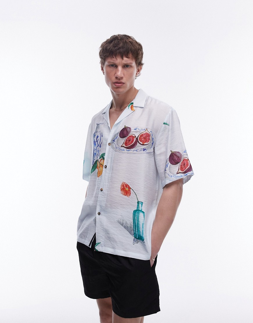 Topman short sleeve relaxed hand drawn holiday shirt in light blue