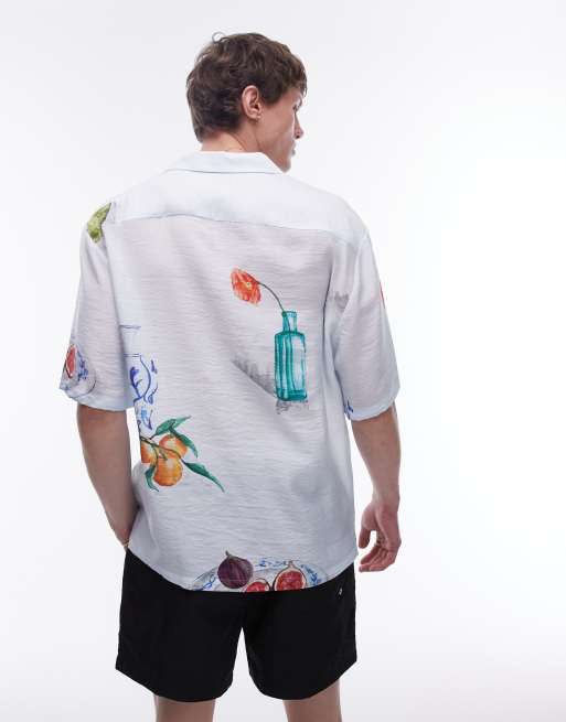 Topman short sleeve relaxed hand drawn shirt in light blue, 2 of 4
