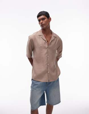 Topman Short Sleeve Relaxed Heavy Satin Shirt In Camel-neutral