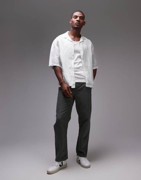 Topman short sleeve relaxed linen blend geo shirt in green - view 1