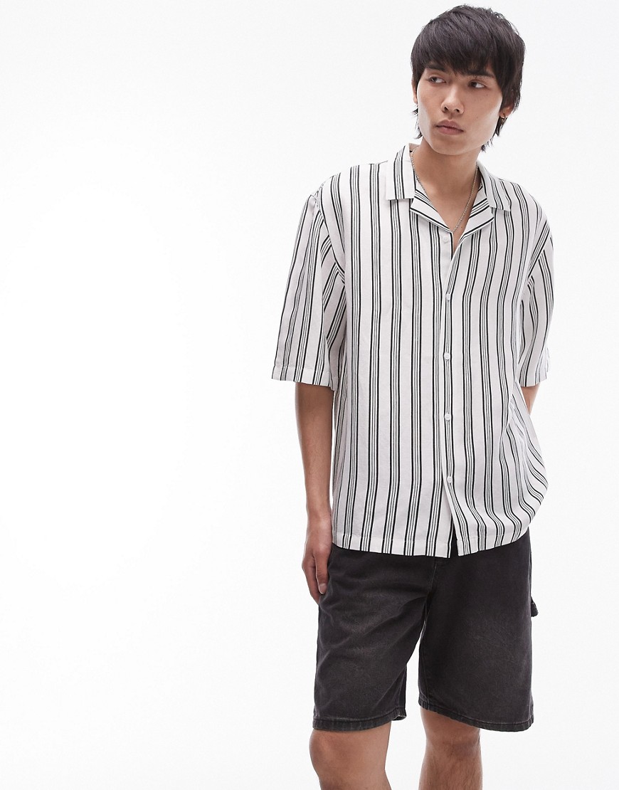Topman short sleeve relaxed linen viscose stripe shirt in white-Multi