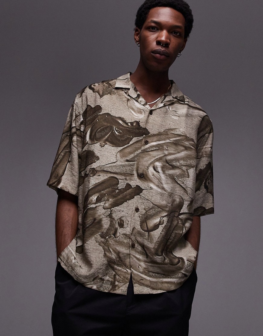 Topman Short Sleeve Relaxed Metal Print Shirt In Brown-multi