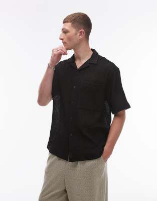 Topman short sleeve relaxed open weave crochet shirt in black