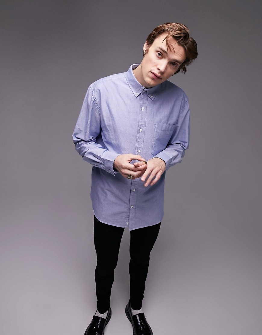Topman short sleeve relaxed oxford shirt in blue