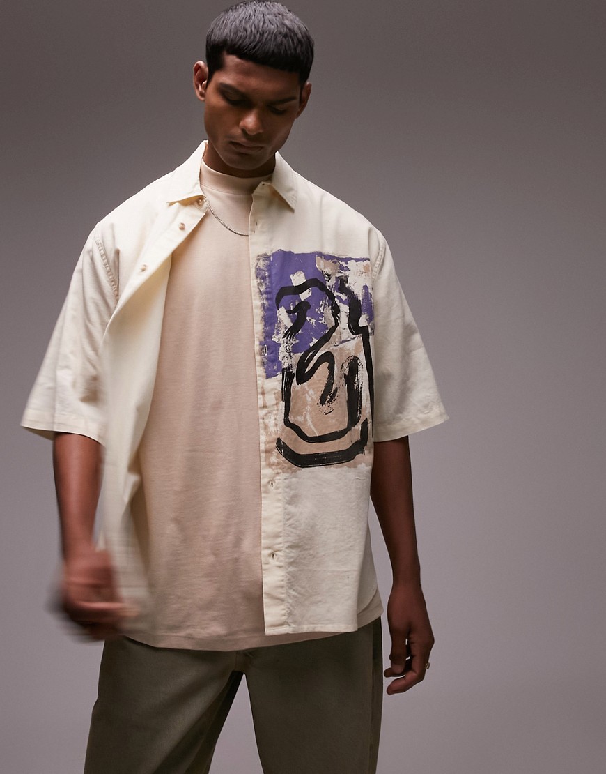 Topman Short Sleeve Relaxed Placement Print Shirt In Ecru-neutral