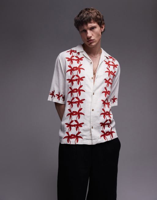 Topman short sleeve relaxed red floral shirt in white