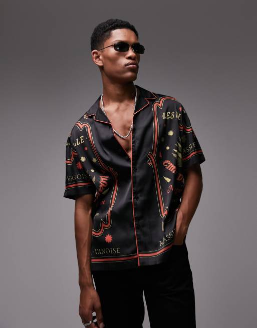 Topman short sleeve relaxed revere border printed shirt in black