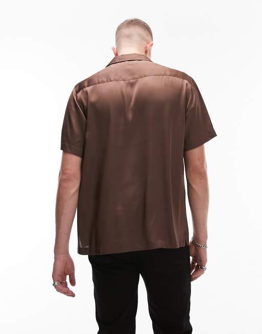 Topman short sleeve relaxed revere embroidered shirt in chocolate