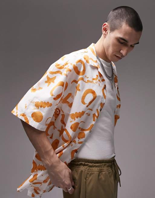 Topman short sleeve relaxed revere handdrawn abstract shirt in ecru and orange, 2 of 4