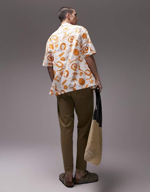 Topman short sleeve relaxed revere handdrawn abstract shirt in ecru and orange, 3 of 4