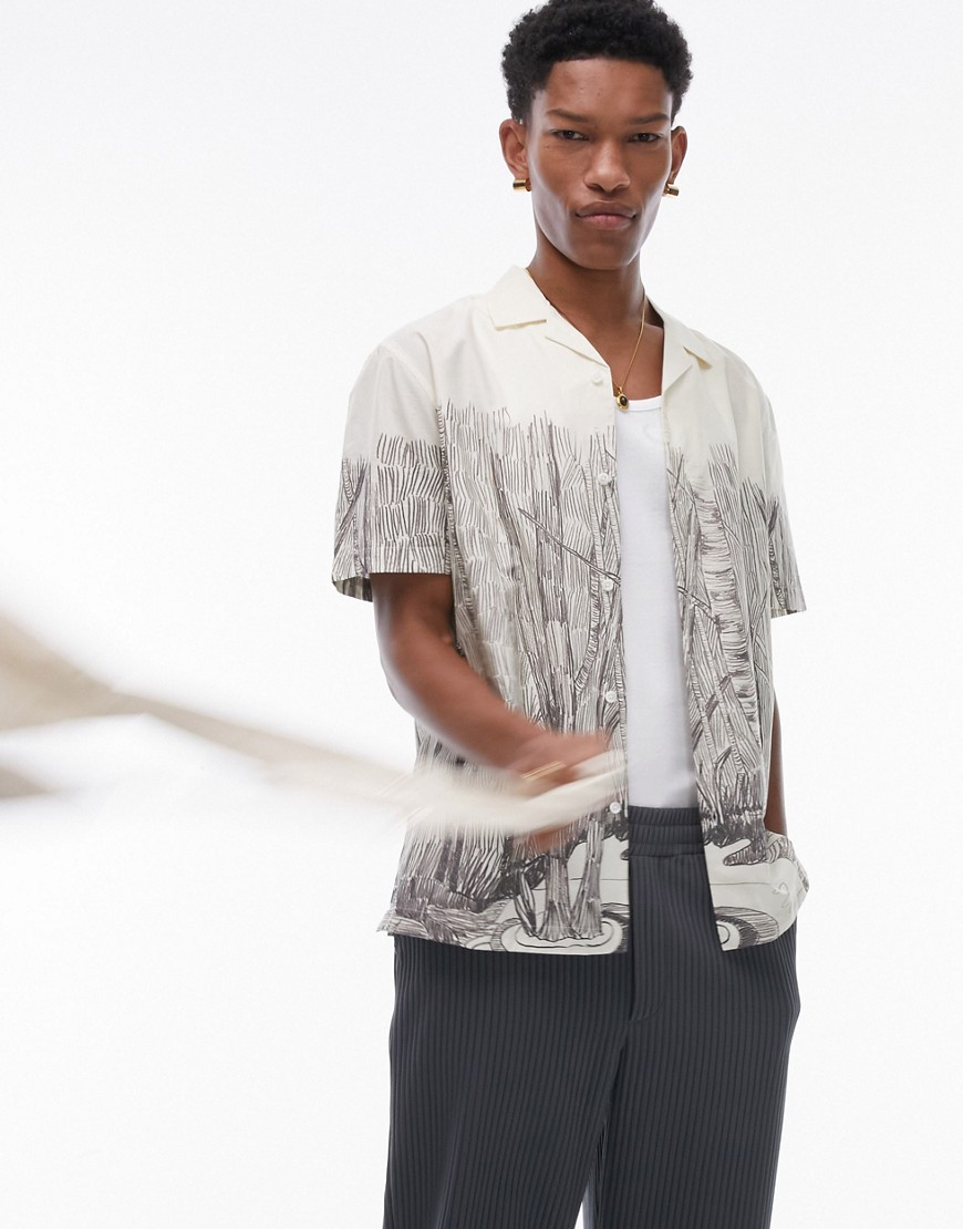 Topman short sleeve relaxed revere lino hand printed shirt in ecru-Neutral