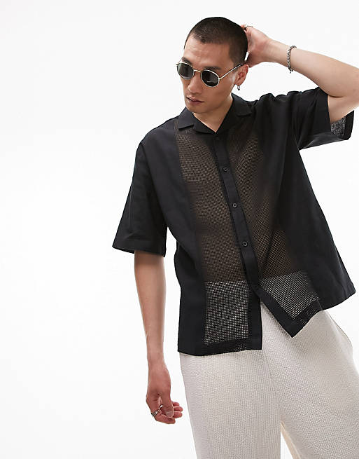Topman short sleeve relaxed revere square woven panel shirt in black | ASOS