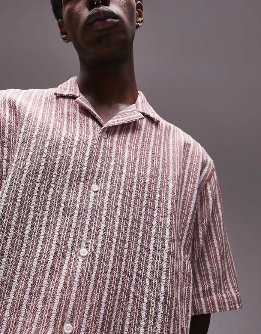Topman short sleeve relaxed revere textured stripe shirt in red
