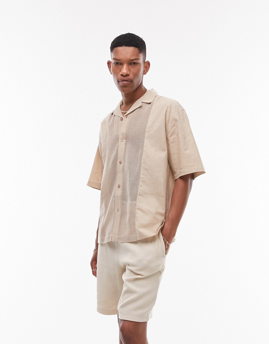 Topman short sleeve relaxed revere woven panel shirt in stone-Neutral