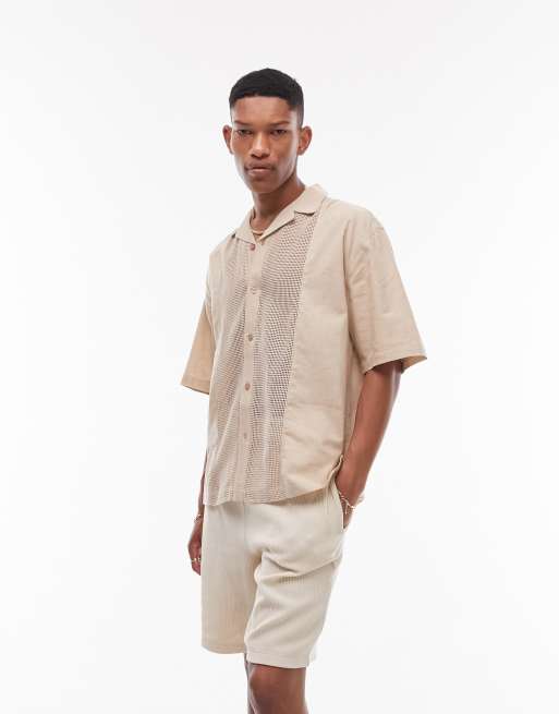 Topman short sleeve relaxed revere woven panel shirt in stone | ASOS