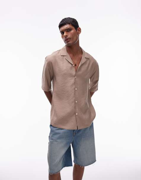 Topman short sleeve relaxed satin shirt in camel - view 1