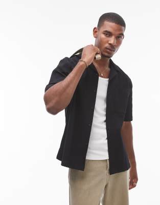 Topman Short Sleeve Relaxed Seersucker Shirt In Black