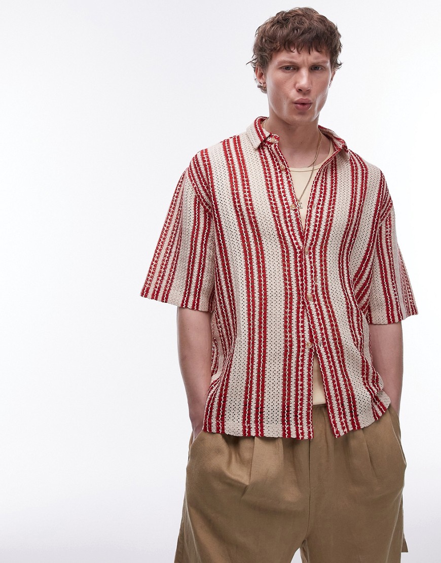 Topman short sleeve relaxed striped crochet shirt in red