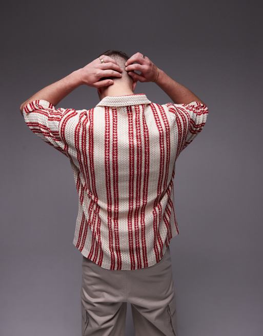 Topman short sleeve relaxed striped crochet shirt in red, 2 of 5