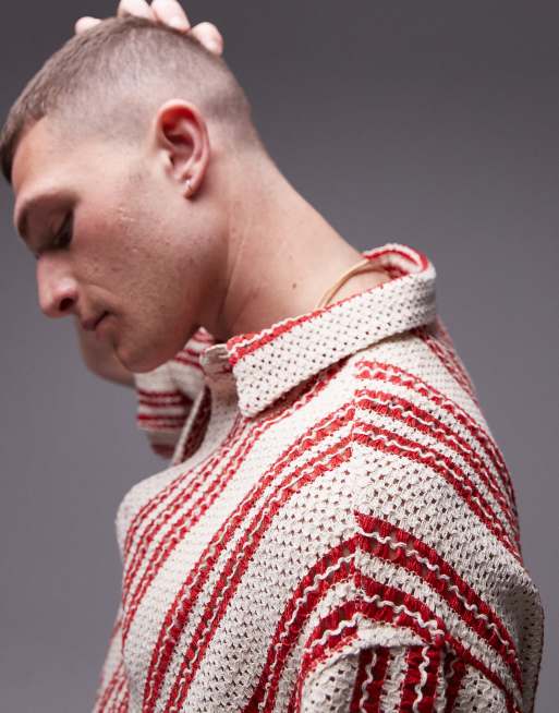 Topman short sleeve relaxed striped crochet shirt in red, 3 of 5