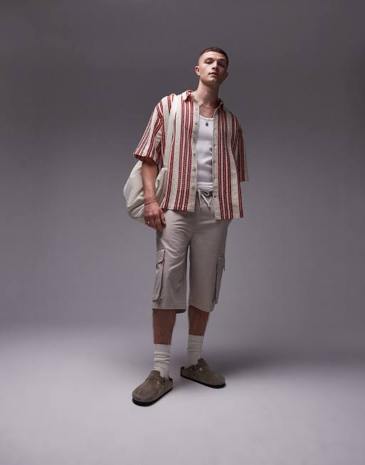 Topman short sleeve relaxed striped crochet shirt in red, 4 of 5