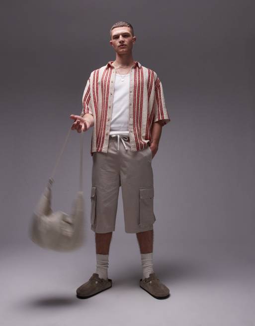 Topman short sleeve relaxed striped crochet shirt in red, 5 of 5