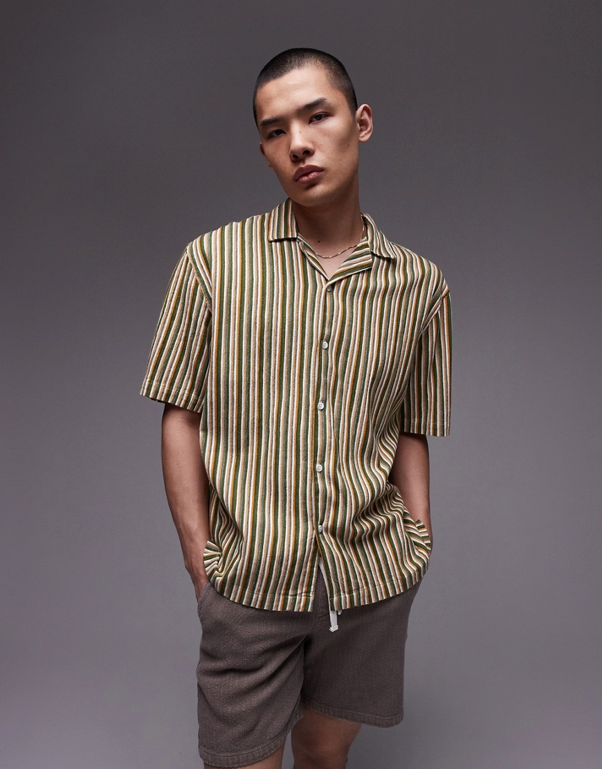 Topman short sleeve relaxed striped shirt in green and yellow-Multi