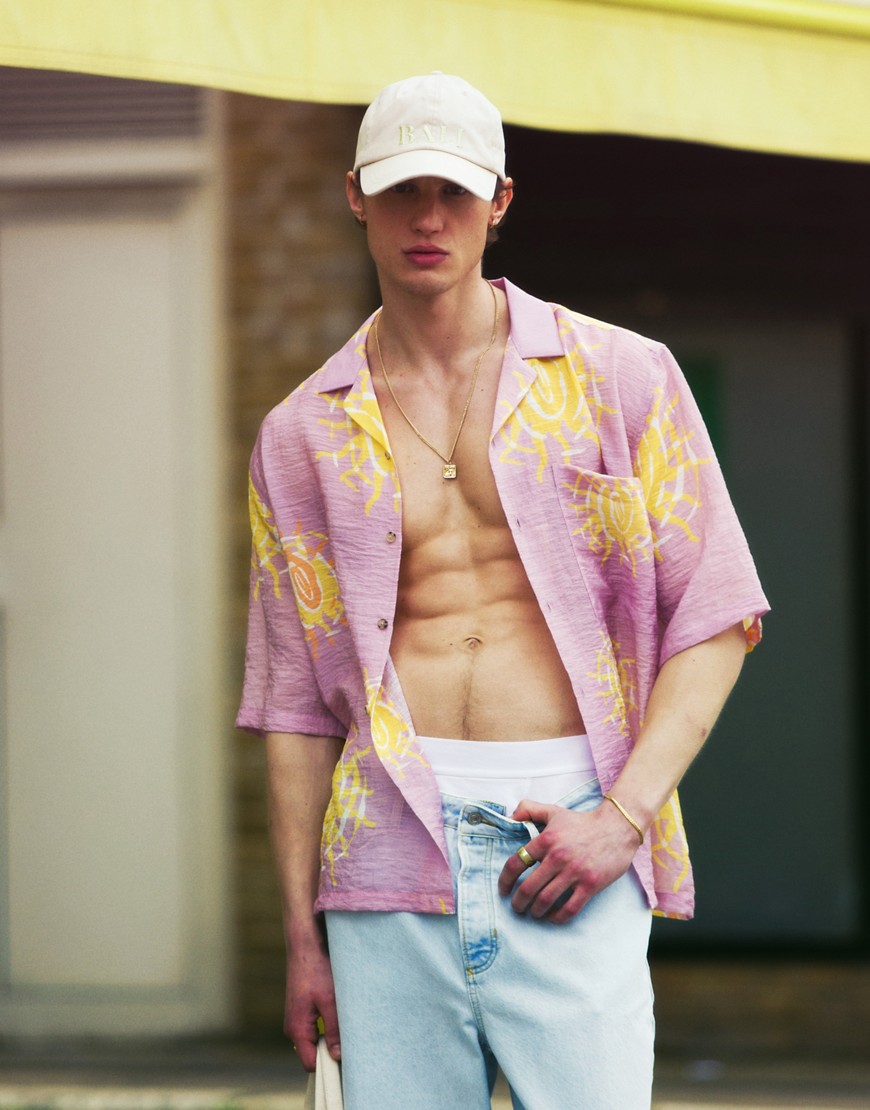Topman short sleeve relaxed sun printed shirt in pink