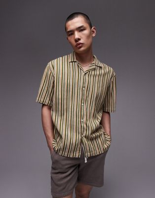 Topman short sleeve relaxed striped shirt in green and yellow