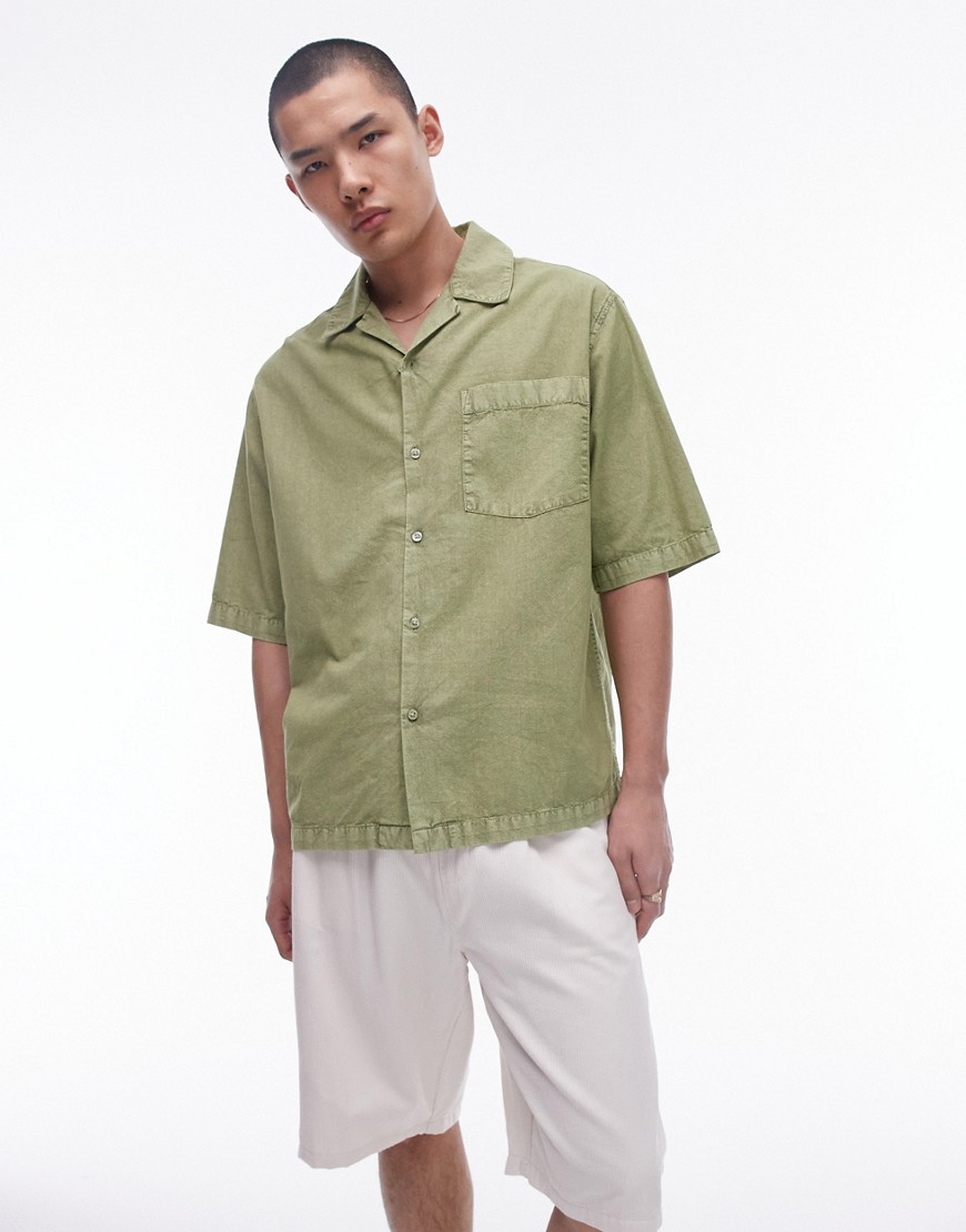 Topman short sleeve relaxed washed shirt in khaki-Green
