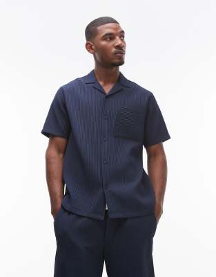 Topman short sleeve revere plisse shirt in navy