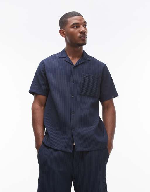  Topman short sleeve revere plisse shirt in navy