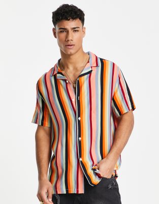 Topman short sleeve  revere shirt in multi coloured stripe