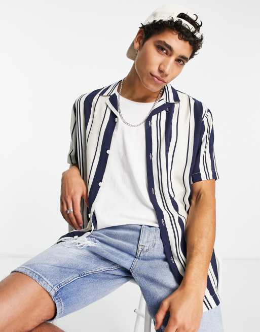 Topman short sleeve revere stripe shirt in navy stripe 