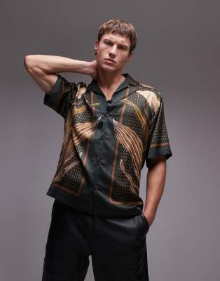 short sleeve satin botanical printed shirt in brown