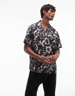 short sleeve satin floral shirt in black