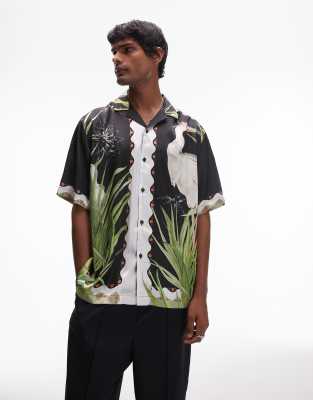 Topman short sleeve satin heron shirt in black