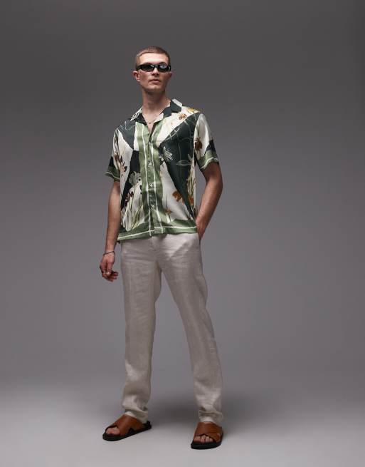 Topman short sleeve satin printed shirt in dark green