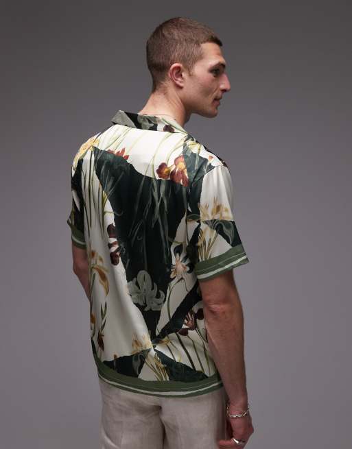 Topman short sleeve satin printed shirt in dark green